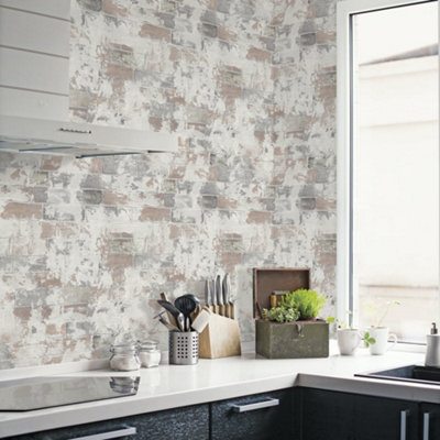 Galerie Organic Textures Beige Brown Grey Brick Textured Wallpaper from B&Q