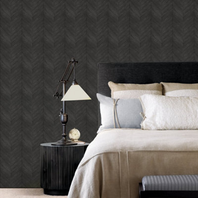 Galerie Organic Textures Black Chevron Wood Textured Wallpaper from B&Q