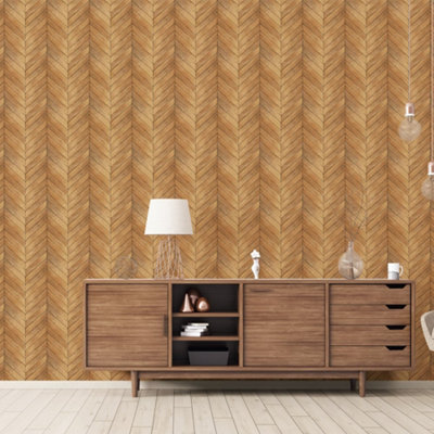 Galerie Organic Textures Warm Brown Yellow Chevron Wood Textured Wallpaper from B&Q