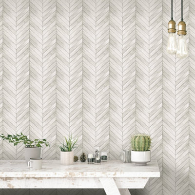 Galerie Organic Textures Cream Chevron Wood Textured Wallpaper from B&Q