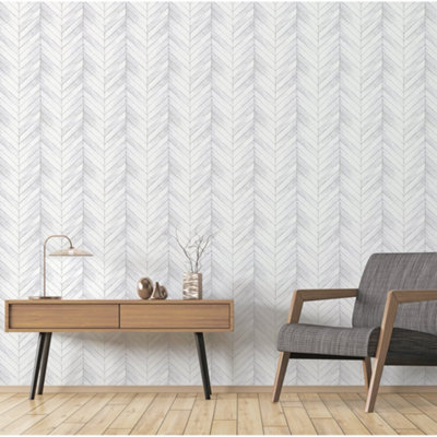 Galerie Organic Textures White Grey Chevron Wood Textured Wallpaper from B&Q