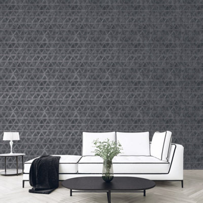 Galerie Utopia Black Geometric Tri Prism Sheen Finish Wallpaper Roll from B&Q
