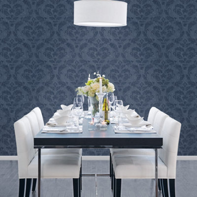 Galerie Utopia Blue Traditional Damask Sheen Finish Wallpaper Roll from B&Q