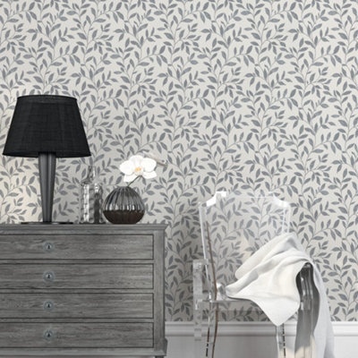 Galerie Utopia Grey Loose Leaf Wallpaper Roll from B&Q