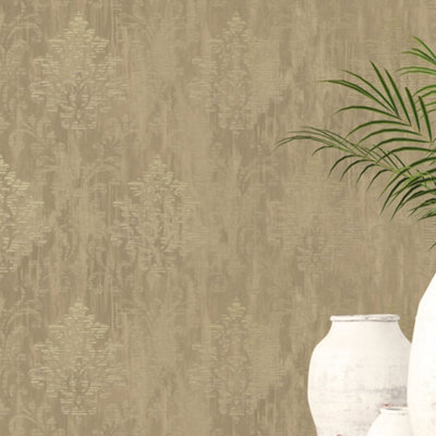 Galerie Metallic Fx Dark Gold Modern Metallic Damask Textured Wallpaper from B&Q