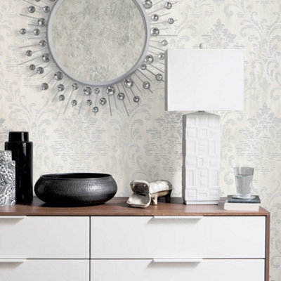 Galerie Metallic Fx Silver Modern Metallic Damask Textured Wallpaper from B&Q