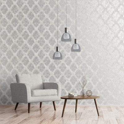 Galerie Metallic Fx Silver Beige Metallic Damask Textured Wallpaper from B&Q