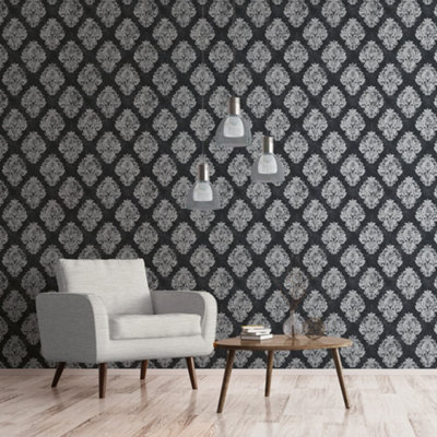Galerie Metallic Fx Black Silver Metallic Damask Textured Wallpaper from B&Q