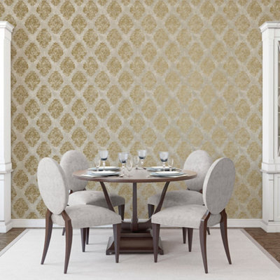 Galerie Metallic Fx Gold Metallic Damask Textured Wallpaper from B&Q