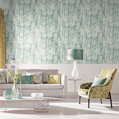 Galerie Atmosphere Aqua Batik Leaves Smooth Wallpaper from B&Q