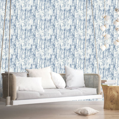 Galerie Atmosphere Blue Batik Leaves Smooth Wallpaper from B&Q