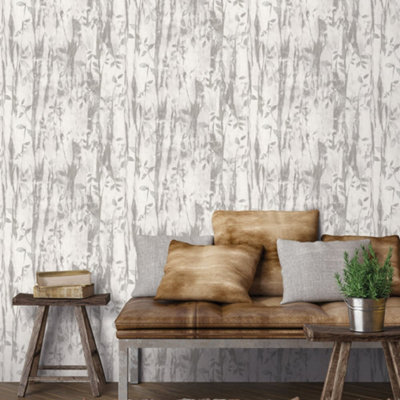 Galerie Atmosphere Grey Batik Leaves Smooth Wallpaper from B&Q