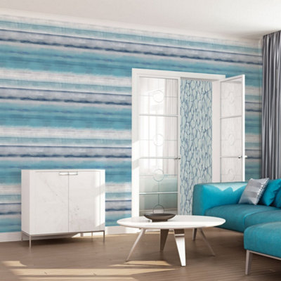 Galerie Atmosphere Turquoise Skye Stripe Smooth Wallpaper from B&Q