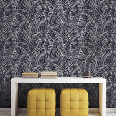 Galerie Bazaar Navy Broadleaf Smooth Wallpaper from B&Q