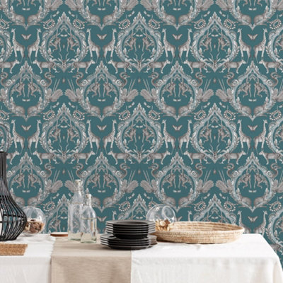 Galerie Bazaar Teal Menagerie Smooth Wallpaper from B&Q