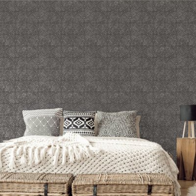 Galerie Bazaar Charcoal Moroccan Paisley Smooth Wallpaper from B&Q