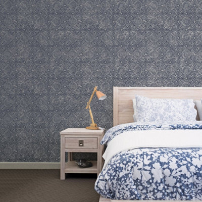 B&Q -  Bazaar Navy Moroccan Paisley Smooth Wallpaper