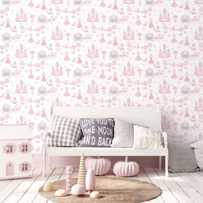 Galerie Tiny Tots 2 Pinks Grey Fairytale Smooth Wallpaper from B&Q