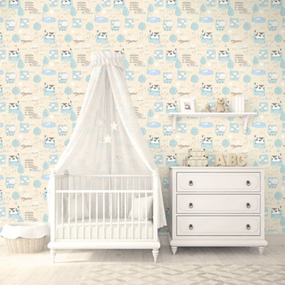 Galerie Tiny Tots 2 Beige Turquoise Farmland Smooth Wallpaper from B&Q