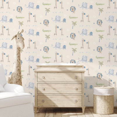Galerie Tiny Tots 2 Beige Safari Green Jungle Friends Smooth Wallpaper from B&Q