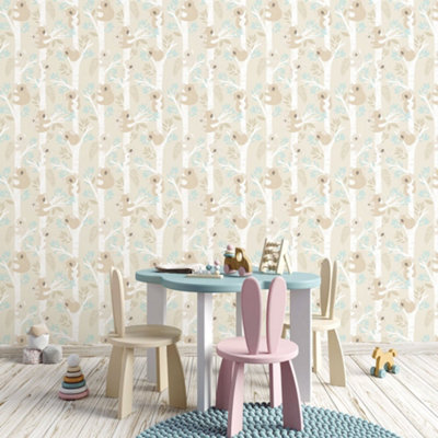 Galerie Tiny Tots 2 Beige Turquoise Glitter Koalas Smooth Wallpaper from B&Q