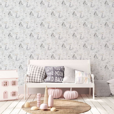 Galerie Tiny Tots 2 Grey Silver Glitter Mermaids Smooth Wallpaper from B&Q