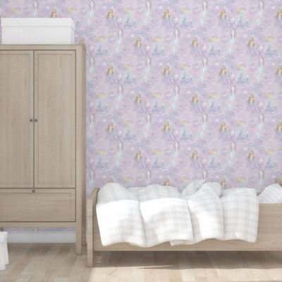 Galerie Tiny Tots 2 Purple Turquoise Glitter Mermaids Smooth Wallpaper from B&Q