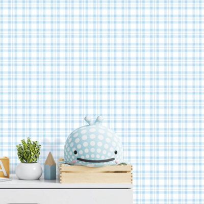 Galerie Tiny Tots 2 Light Blue Plaid Smooth Wallpaper from B&Q