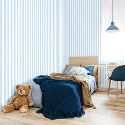 Galerie Tiny Tots 2 Sky Blue Regency Stripe Smooth Wallpaper from B&Q
