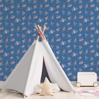 Galerie Tiny Tots 2 Cobalt Primary Glitter Spaceships Smooth Wallpaper from B&Q