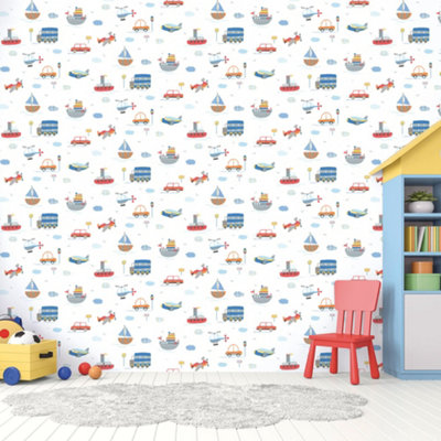 Galerie Tiny Tots 2 Blue Orange Red Transportation Smooth Wallpaper from B&Q