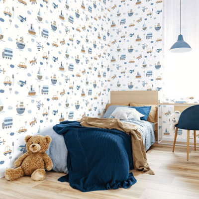 Galerie Tiny Tots 2 Navy Transportation Smooth Wallpaper Brown/Sky Blue