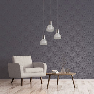 Galerie Emporium Purple Silver Mehndi Damask Embossed Wallpaper from B&Q