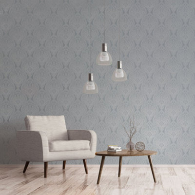 Galerie Emporium Grey Silver Mehndi Damask Embossed Wallpaper from B&Q
