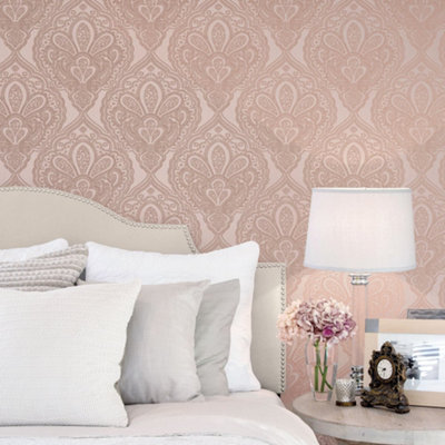 Galerie Emporium Pink Rose Gold Mehndi Damask Embossed Wallpaper from B&Q