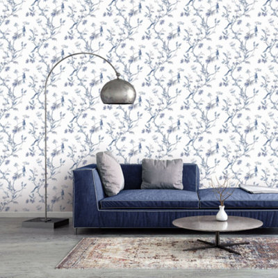 Galerie Secret Garden White/blue Garden Bird Trail Wallpaper Roll from B&Q