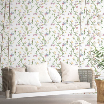 Galerie Secret Garden White/bright Garden Bird Trail Wallpaper Roll from B&Q