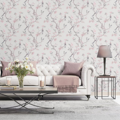 Galerie Secret Garden Grey/pink Garden Bird Trail Wallpaper Roll from B&Q