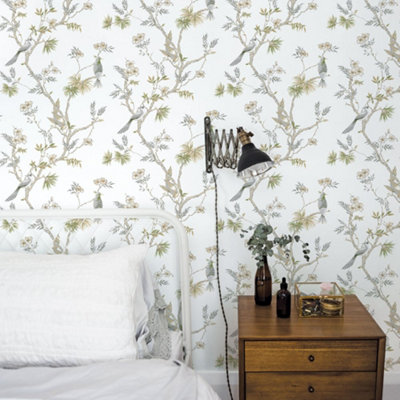 Galerie Secret Garden White/neutral Garden Bird Trail Wallpaper Roll from B&Q