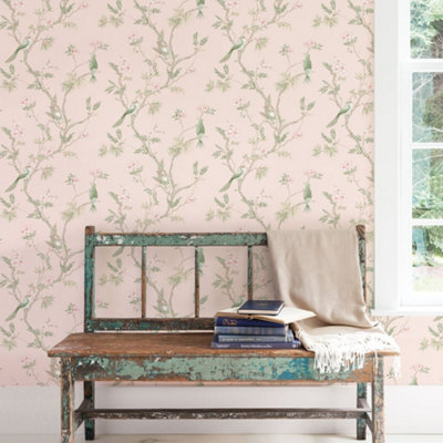 Galerie Secret Garden Pink/green Garden Bird Trail Wallpaper Roll from B&Q