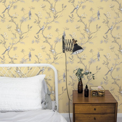 Galerie Secret Garden Yellow/grey Garden Bird Trail Wallpaper Roll from B&Q