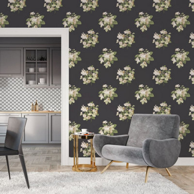 Galerie Secret Garden Black/cream Floral Bouquet Wallpaper Roll from B&Q
