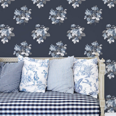 Galerie Secret Garden Navy/blue Floral Bouquet Wallpaper Roll from B&Q