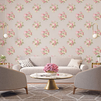 Galerie Secret Garden Taupe/pink Floral Bouquet Wallpaper Roll from B&Q