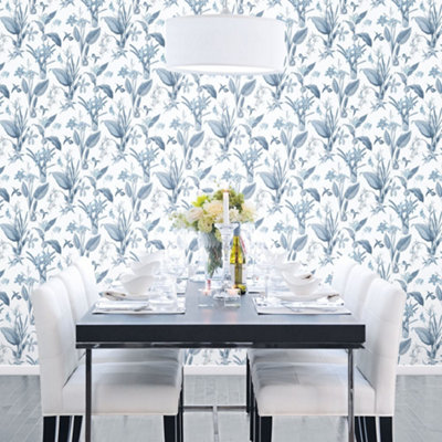 Galerie Secret Garden White/blue Botanical Floral Wallpaper Roll from B&Q