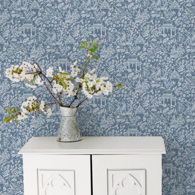 Galerie Secret Garden Blue Botanical Toile Wallpaper Roll from B&Q