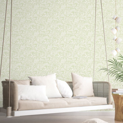 Galerie Secret Garden Green Botanical Toile Wallpaper Roll from B&Q