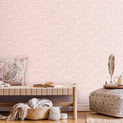 Galerie Secret Garden Pink Botanical Toile Wallpaper Roll from B&Q