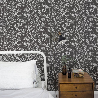 Galerie Secret Garden Black/greige Calming Leaf Branches Wallpaper Roll from B&Q