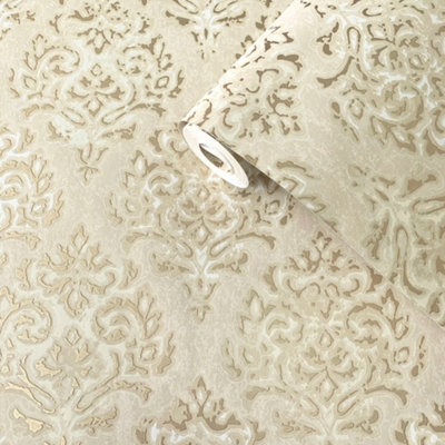 Galerie Lustre Collection Metallic Embossed Modern Damask Wallpaper Roll from B&Q